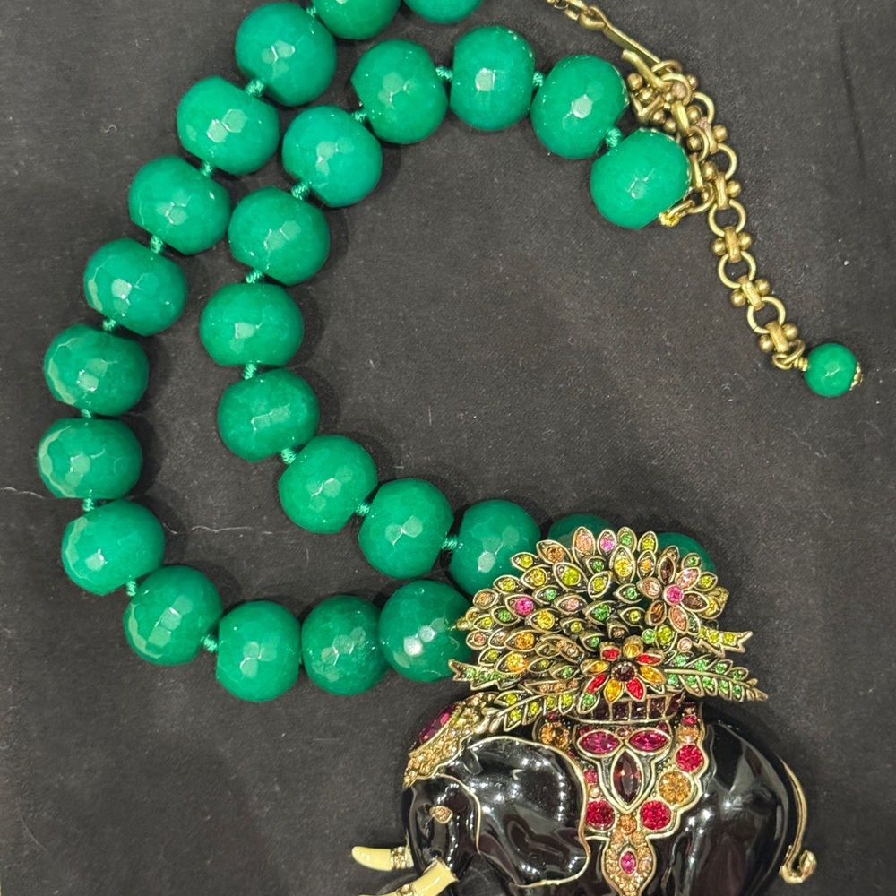 Heidi Daus Emerald Green Beaded Necklace with Jeweled Elephant Pendant